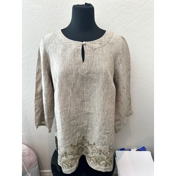ALEXANDRA BARTLETT Woman Linen Blouse Beige Embroidered Hem Tunic Top | Size 1X - Picture 2 of 7